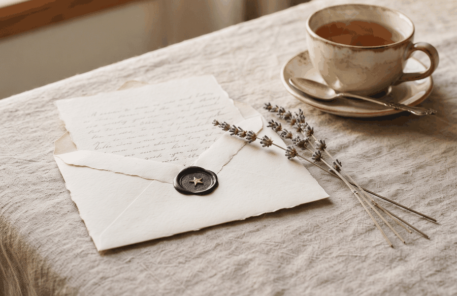 A cream envelope sealed with navy wax and a gold star, beside a cup of tea and dried lavender on a linen tablecloth