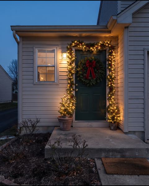 The same door with a lit garland, a wreath and two lit trees